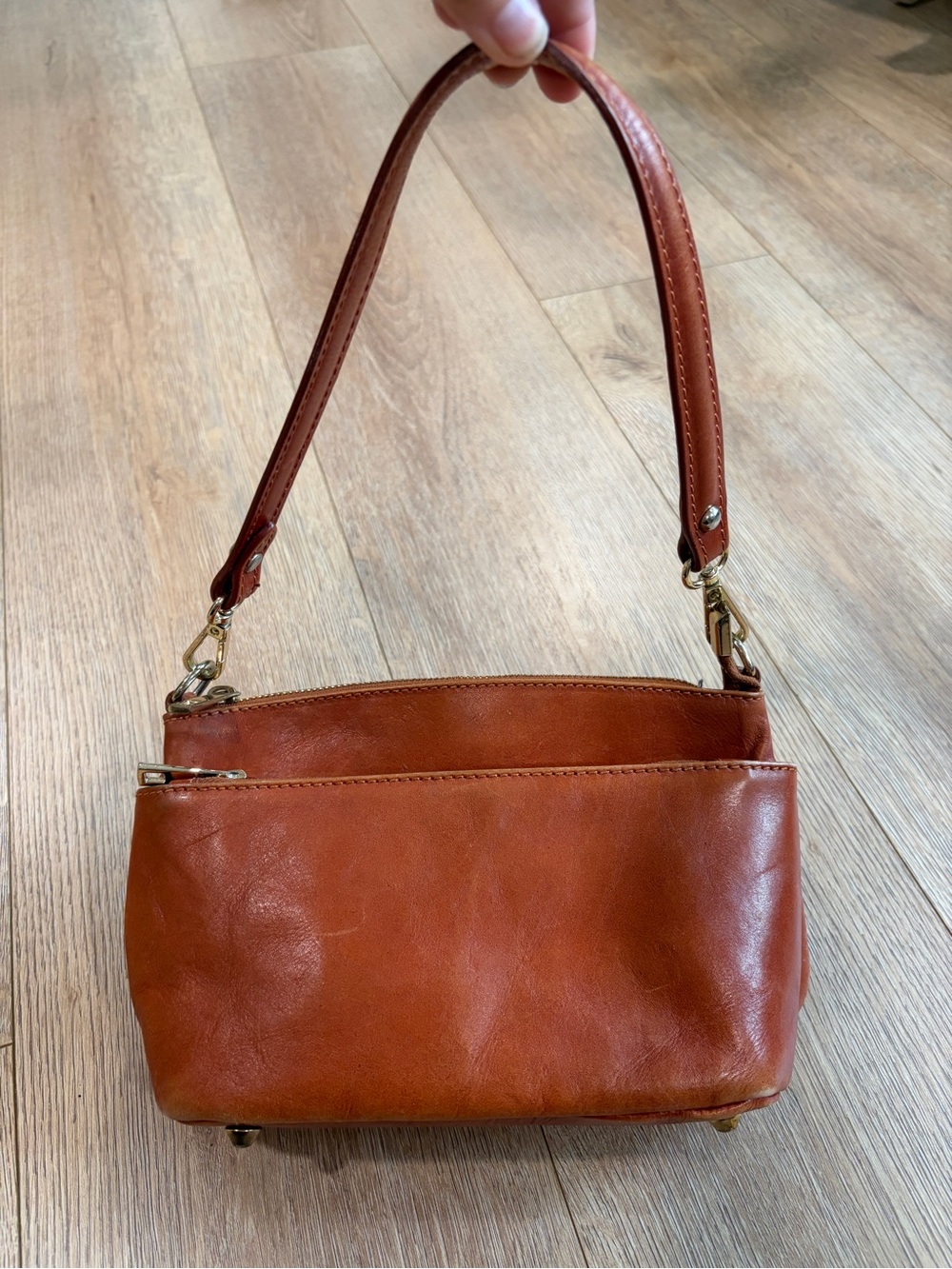 Divina Firenze Genuine Leather Cognac Brown Double Zip Shoulder Bag